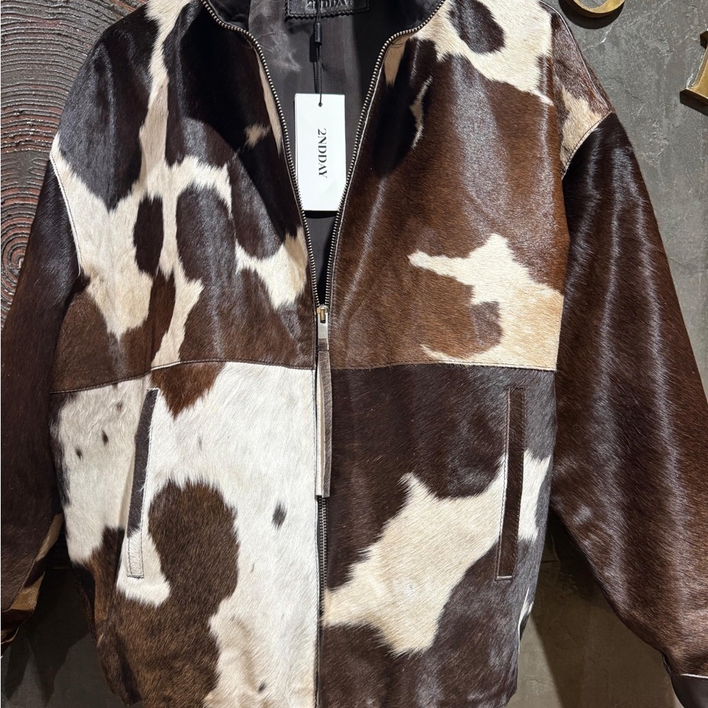 NWT Women's cow print calf hair western Brown and White genuine leather Jacket - Picture 9 of 15